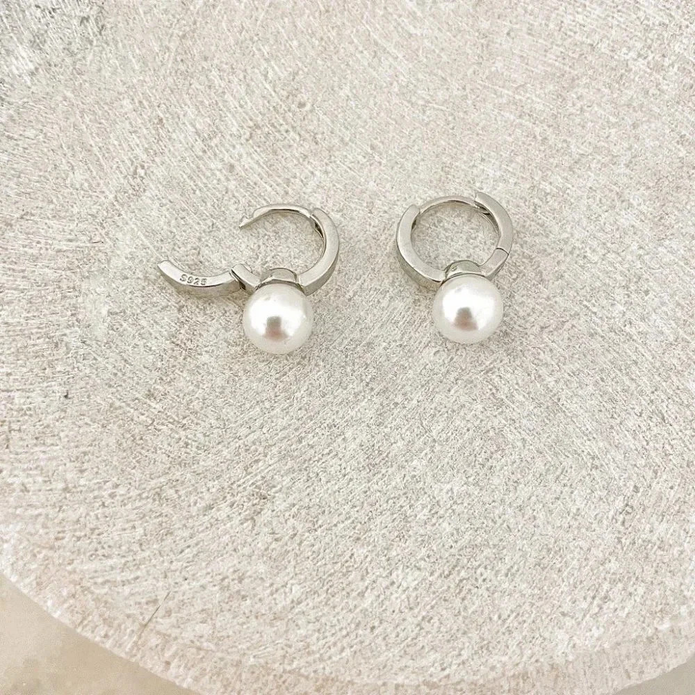 925 Sterling Silver Pearl Huggie Earrings Small Huggie Hoop Earrings - Picture 3 of 5
